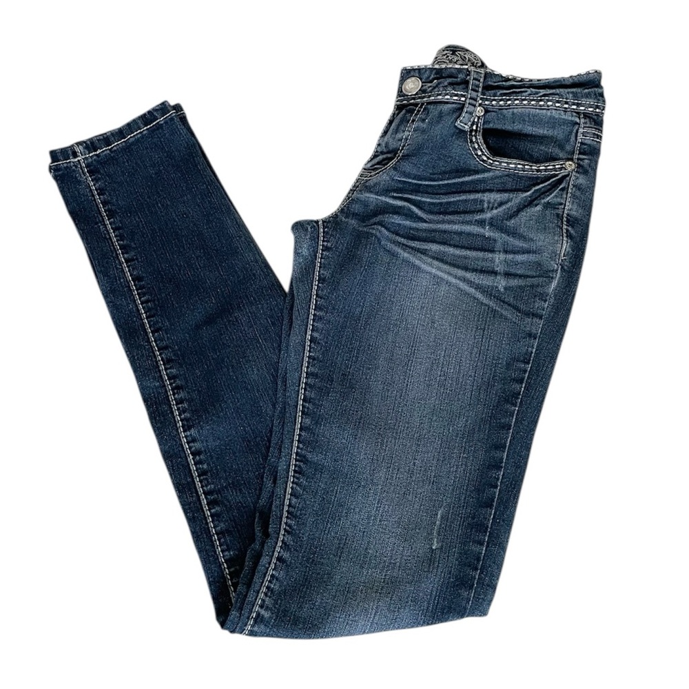 Wax Jeans Distressed Studded Skinny Blue Jeans with Embroidery Women’s 5 Fitted